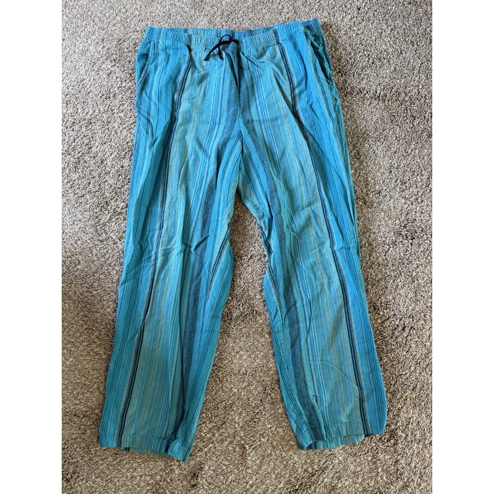 Orvis Women's Linen Elastic Waist Straight Leg Casual Pants Striped Blue Size L